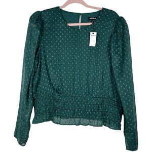 Express Womens Swiss Dot Blouse Size XL Green Sheer Sleeve Romantic Party Dressy